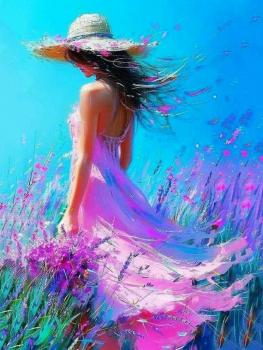 A woman wearing a dress and a hat is in the grass